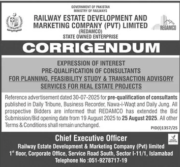 Railway Estate Development & Marketing Company Private Limited Islamabad Tender Notice